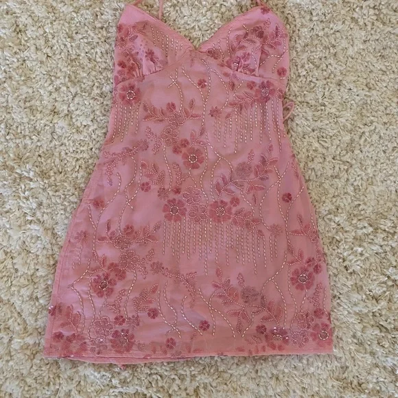 Peppermayo Vietta Sequin and Beaded Pink Floral  Mini Dress - Picture 3 of 5